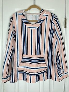 D&Co Active Pullover Stripe Sweatshirt Hooded Pouch Pocket Sz L Beach Vacation